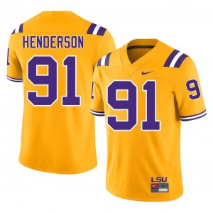 LSU Tigers Trenton Henderson #91 Gold Jersey | Genuine Embroidery NCAA Football Men Apparel 36394186