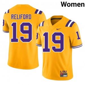 Elite Thread Gabriel Reliford #19 Louisiana State Gold Jersey | Women University Football Embroidery Fan Gear 80543947